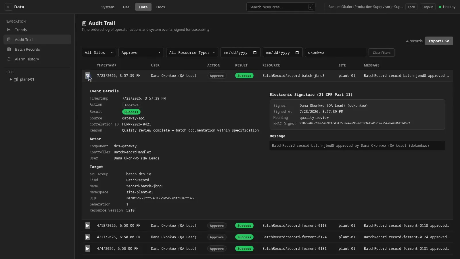 The Audit Trail with an approval opened to its Event Details and its 21 CFR Part 11 Electronic Signature, the signer, the signature meaning, and the HMAC digest on screen.