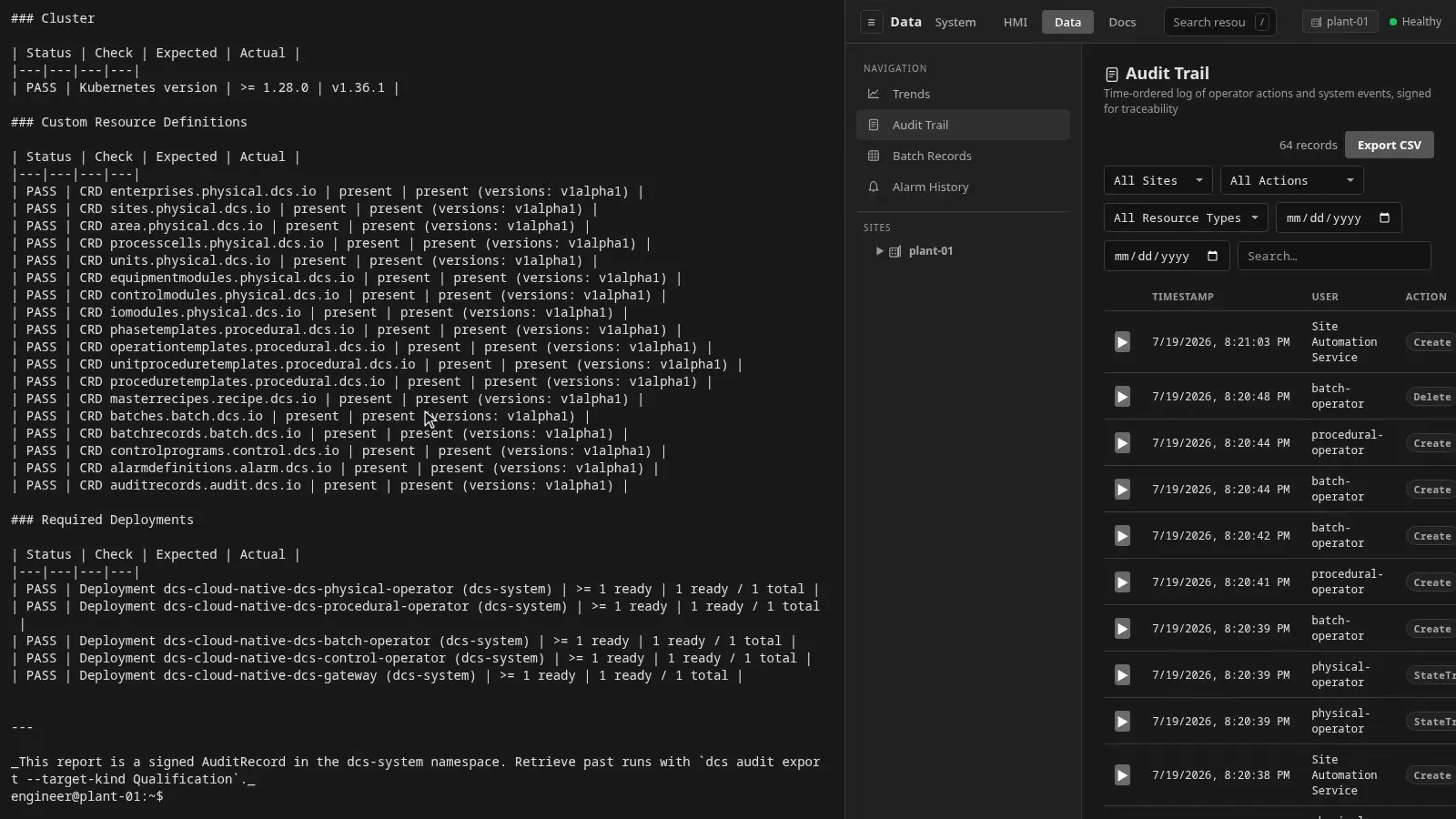 An executable qualification run's report with every installation check passing, beside the audit trail where it lands as a signed record.