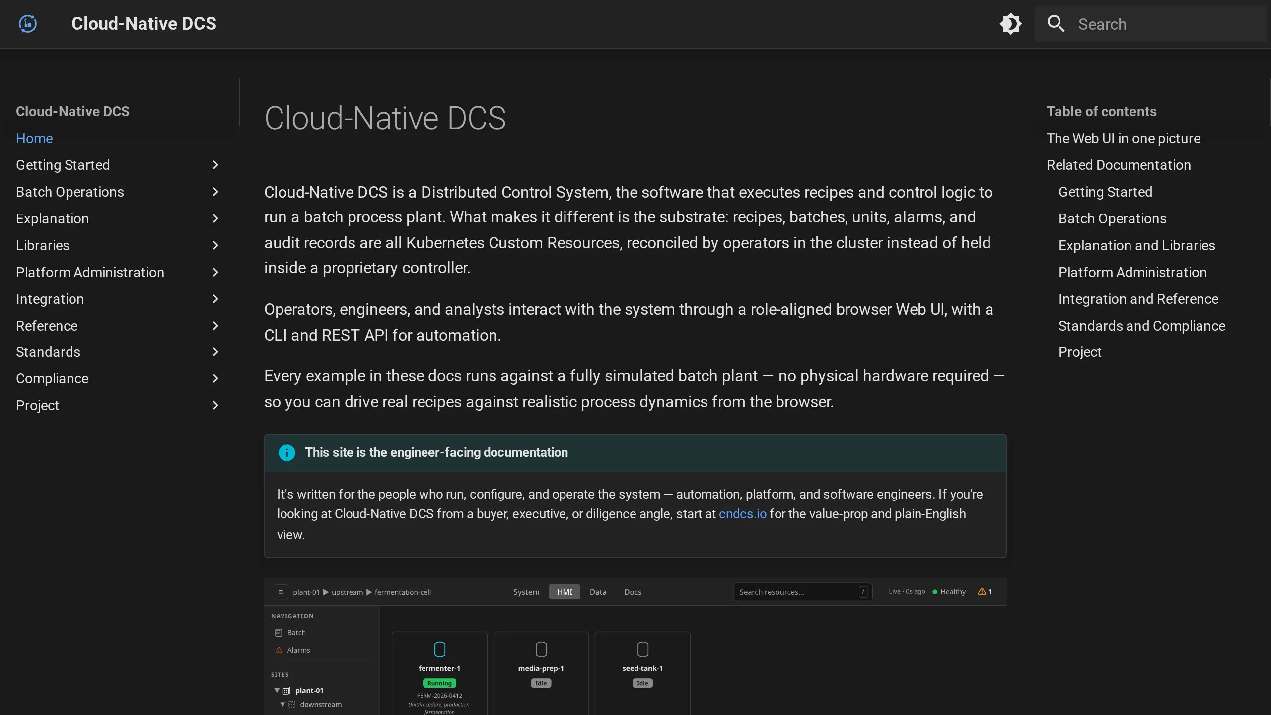 The documentation site's landing page, with navigation from Getting Started through Compliance, an introduction to the system, and the operator Web UI on the first screen.