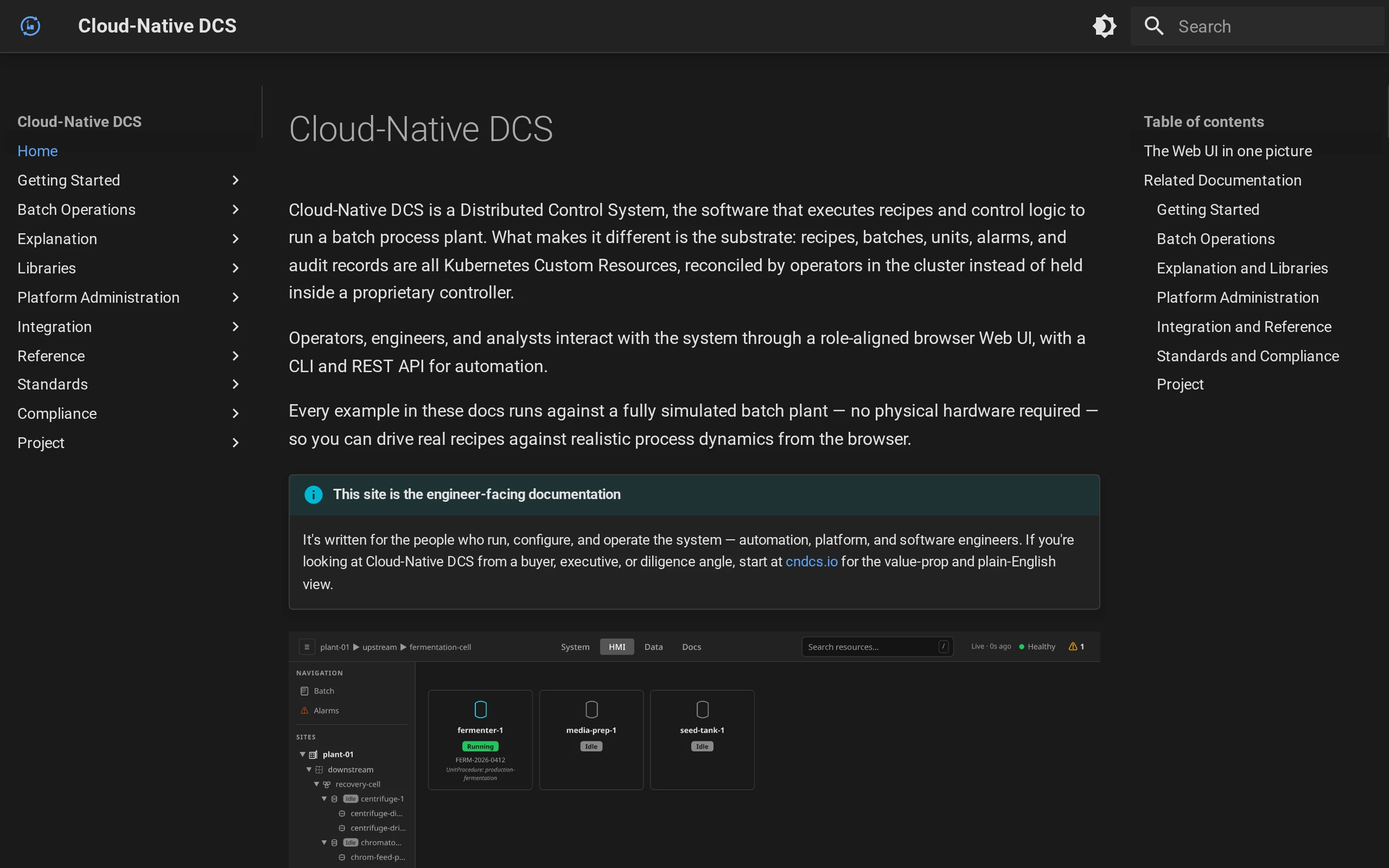 The documentation site's landing page, with navigation from Getting Started through Compliance, an introduction to the system, and the operator Web UI shown on the first screen.