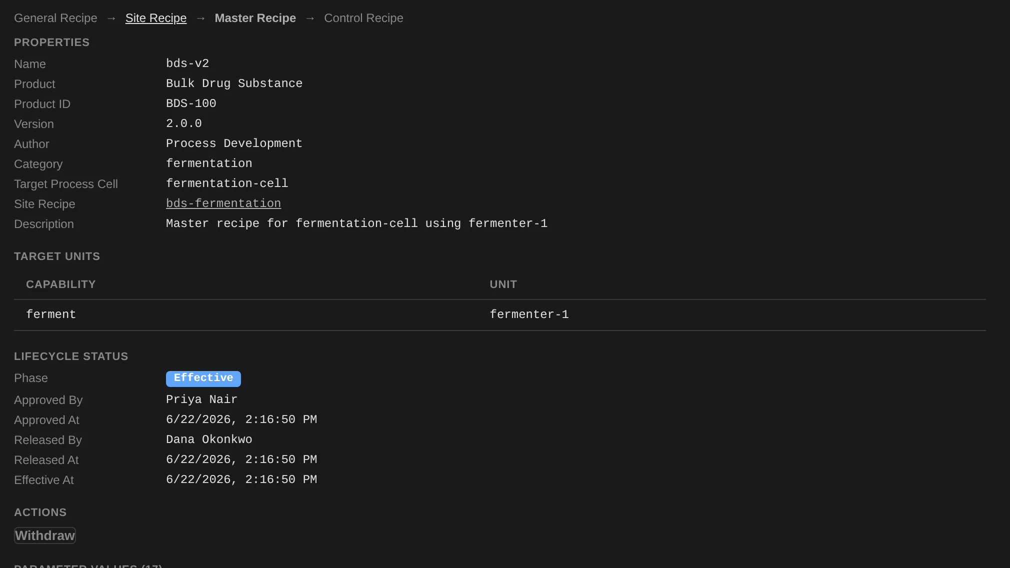 A master recipe's detail view, its breadcrumb running from general recipe through site recipe and master recipe to control recipe, with an effective lifecycle status.